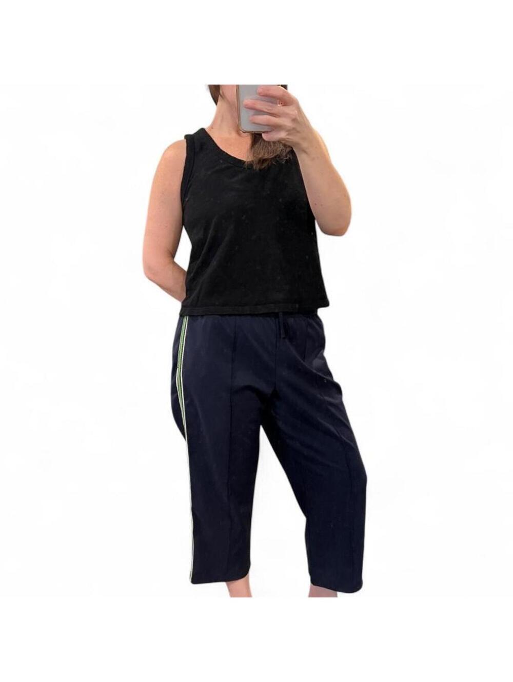 Y2K Navy Track Pants Green Stripe Cropped Wide Leg Athletic Lounge Pants M